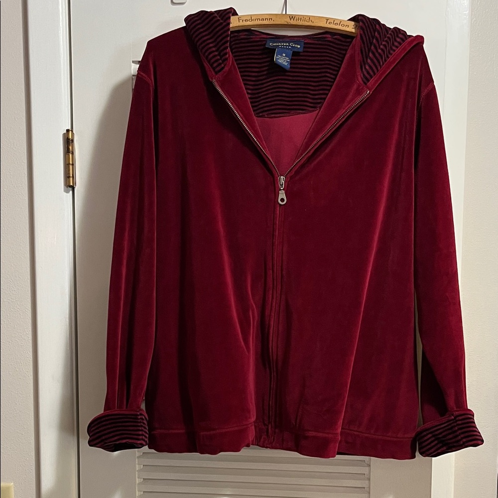 Charter Club Deep Red Velvet Jacket with Hood